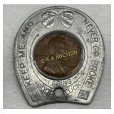 1941 Wheat Penny Encased in Metal Good Luck Horses