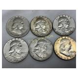 Six Pre-1964 90% Silver Franklin Half Dollars (194