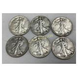 Six 1941-1947 Silver Walking Liberty Half Dollar C