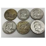 6 United States Silver 1948-1963 Franklin Half Dol