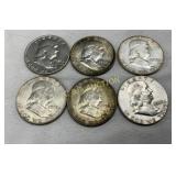 6 Franklin Silver Half Dollars, 1951-1963