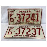1982 North Carolina Dealer License Plates FD-37241