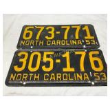 1953 North Carolina Embossed License Plates in Bla