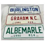 Three North Carolina City License Plates: Burlingt