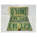 Three North Carolina License Plates, Including Two