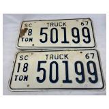 Matching Pair of 1967 South Carolina Truck License