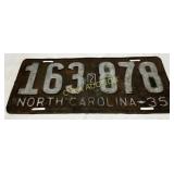 1935 North Carolina License Plate with Tag Number