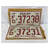 Two 1982 North Carolina Dealer License Plates, New