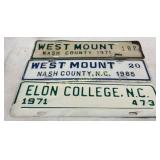 Three Metal License Plates, Elon College and West