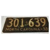 1933 North Carolina License Plate ï¿½301-639ï¿½