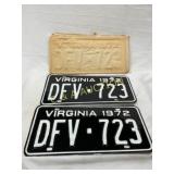 1972 Virginia License Plates with Original Packagi