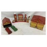 Three Marx Tin Toys: Gas Station, Cars, and Garage
