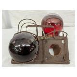 Early Red Glass Fire Balls w/ Metal Holder, 9 x 5