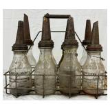 8 Emb. Glass Oil Bottles with Metal Spouts and Rac