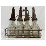 8 Emb. Early Glass Oil Bottles with Metal Spouts a
