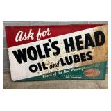 Emb. Wolfï¿½s Head Oil and Lubes Sign with Wood Back