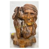 Carved Wooden Bust of Native American Figure, 17in