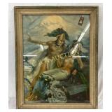 Aztec Framed Print with Bourbon Bottle Adv, 24x30