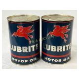 Two Lubrite Motor Oil Cans, 1-Quart Each, Mobil Br
