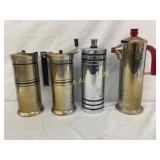 Four Chrome and Brass Vacuum Coffee Pots, 10" Tal