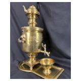 Antique Russian Barrel Shaped Brass Samovar Set