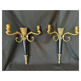 Pr. Neoclassical Ebonized Gilt Candle Wall Sconces
