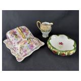 Lot of 3 Floral Unusual Gilt Porcelain Pieces