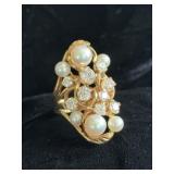 14K Exquisite Art Nouveau Diamond & Pearl Ring