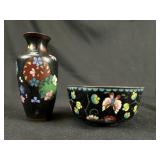 Cloisonne w/ Black Field 5" Vase & 4-1/2" Bowl
