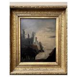 Signed Oil on Board Coastal Castle w/ Moonrise