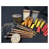 Lot Antique Sewing Items: Bobbin Box, Spools &More