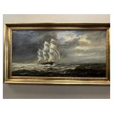 Clipper Ship at Sea Signed Oil on Canvas
