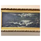 Seascape Oil on Canvas Sailboat Moonrise on Water