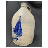 Lg. White & Wood Stoneware Jug w Cobalt 14.5"