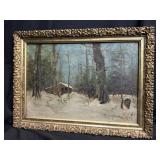 19thC. Oil on Canvas Winter Cabin Scene Gilt Frame