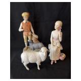 3 Porcelain Cybis Figurines: Boy, Girl & Sheep
