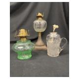 3 Antique Glass Oil Lamps incl. Uranium GreenGlass