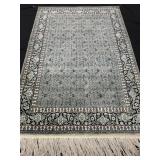 Handknotted Silk Oriental Carpet Teal Navy Cream