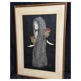 Kawano Japanese Woodblock Print "Girl w/Two Birds"