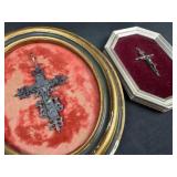 2 Framed Antique Italian Crucifixes on Velvet