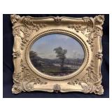 Original Oil on Canvas Landscape River Scene Oval
