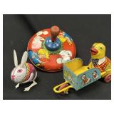 Vintage Tin Litho Toys Bunny Cart & Top