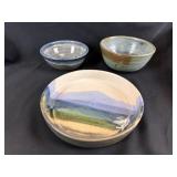 3 Handmade Ceramic Pieces Signed Blue Tones