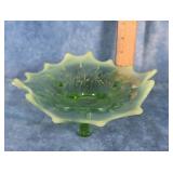 LEAF AND BEADS GREEN OPALESCENT GLASS FOOTED BOWL