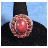 STERLING SILCER RED CORAL RING SIZE 7.5