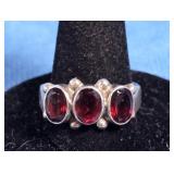 STERLING SILVER THREE OVAL CUT GARNET RING SIZE 8