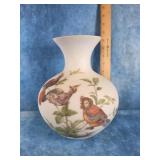 VTG. HAND PAINTED SATIN MILK GLASS BIRD VASE 9.5'