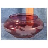 ETCHED CRANBERRY GLASS SMALL BOWL