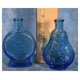 TWO VTG. 3-INCH MINI BLUE GLASS WHEATON BOTTLES