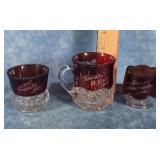 3 RUBY RED TO CLEAR GLASS SOUVENIR CUPS